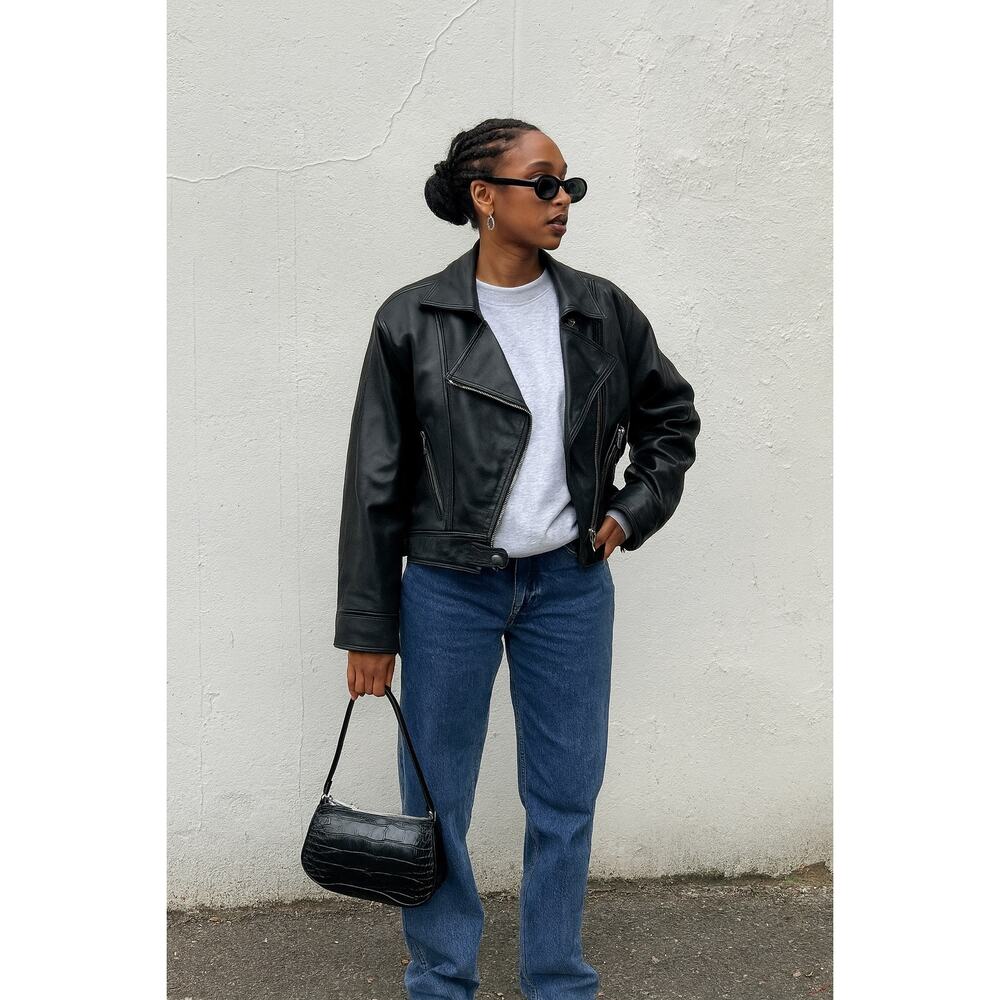 ZARA Womens M  Leather Biker Moto Jacket Black Grunge Oversized
